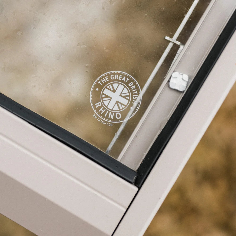 Close-up of Rhino 4mm toughened safety glass in an aluminium glazing bar