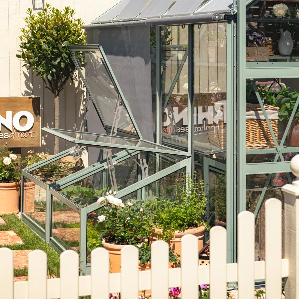 Rhino aluminium cold frame in Blue Grass with toughened-glass lids