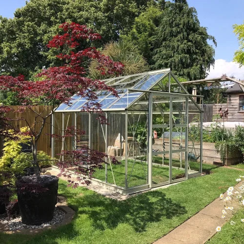 Rhino Premium 8x10 greenhouse in Silver Sage with double-sided staging